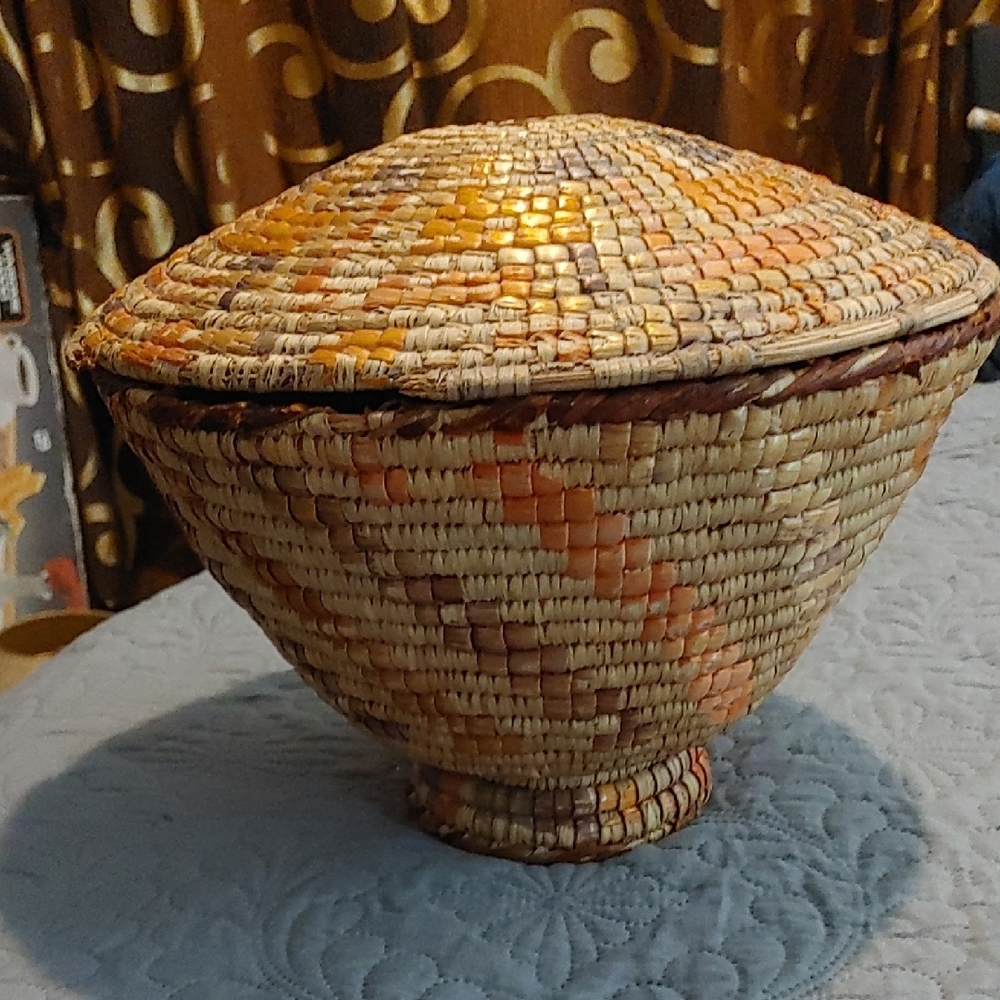 1960s Handwoven Multicolor South African Basket with Lid